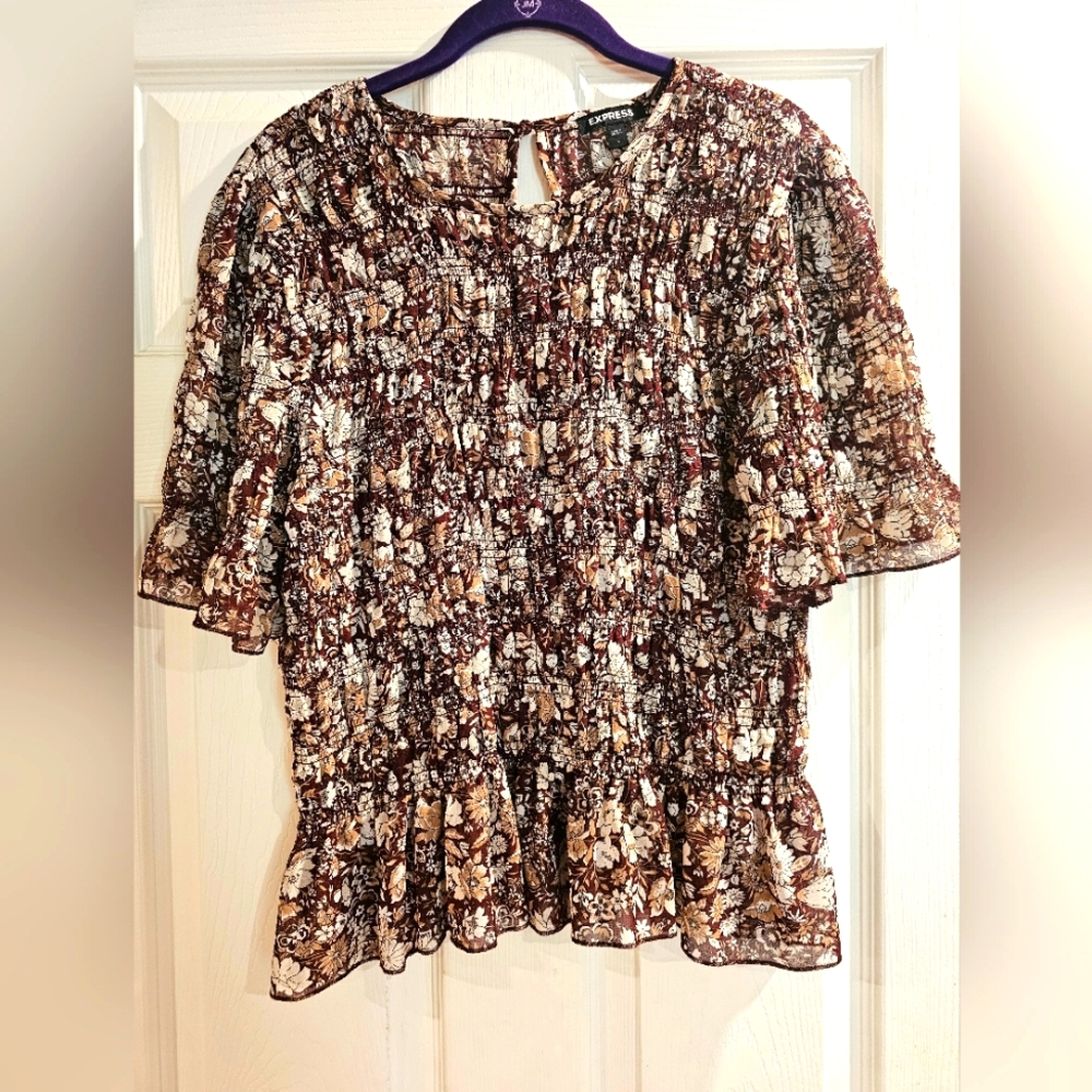 Express Ruffled Flutter Sleeve Blouse in Black and Brown